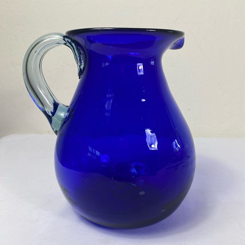Vintage colbalt blue hand blown Glass Pitcher